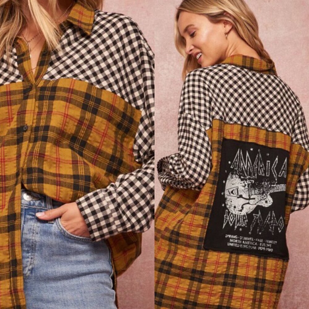 Promesa Rock America Graphic Print Oversized Gingham Plaid Shirt